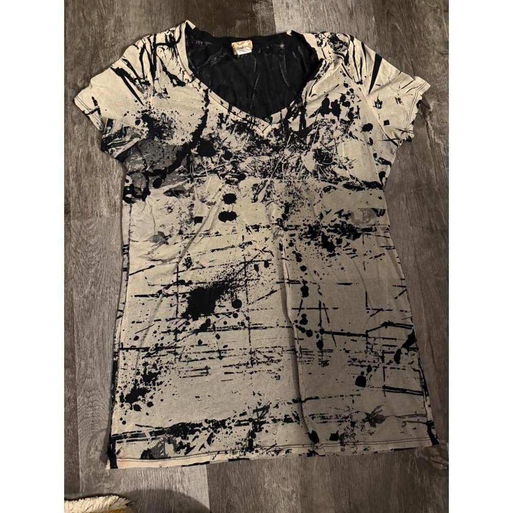 Daytrip Womens V-Neck Short Sleeve Splatter Print T-Shirt